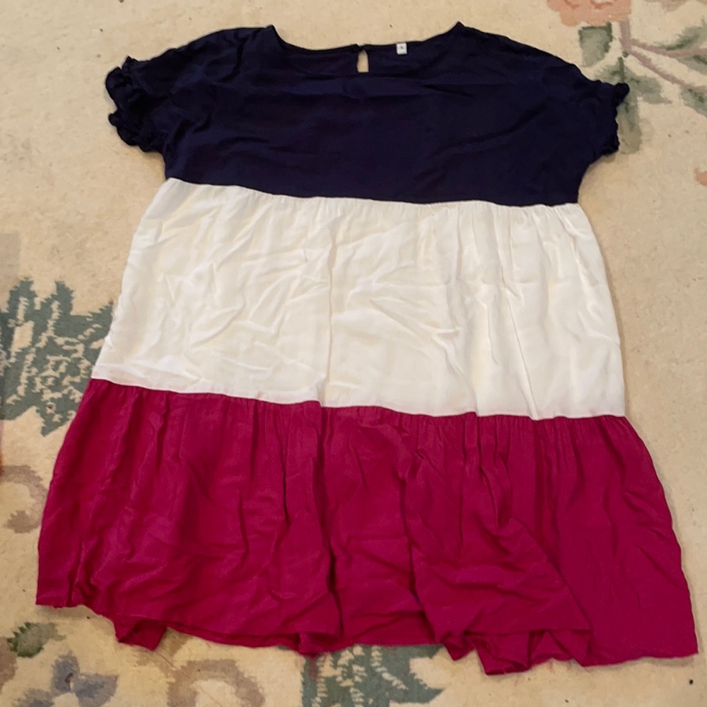 blue white and pink flows dress